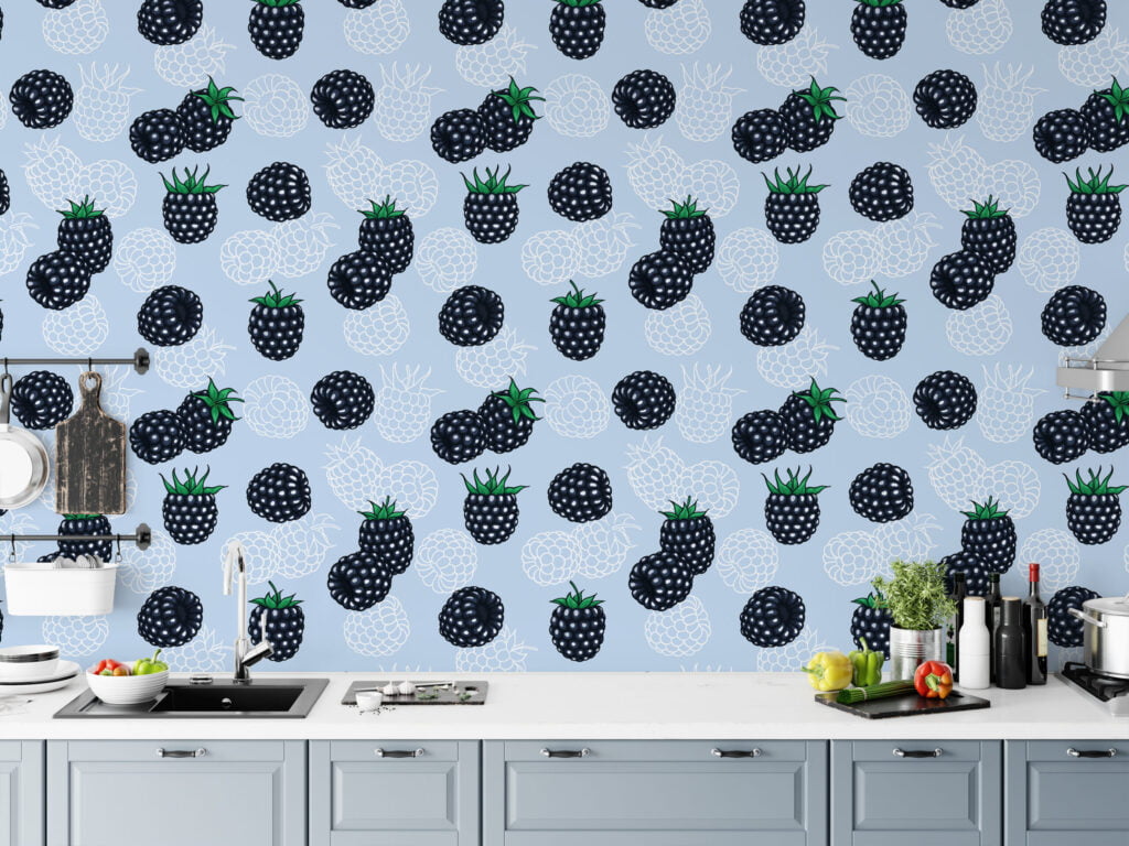 Siyah Dut Desenli Duvar Kağıdı, Eğlenceli Mavi Üzerinde Dutlar 3D Duvar Kağıdı Yiyecek & İçecek Duvar Kağıtları 2