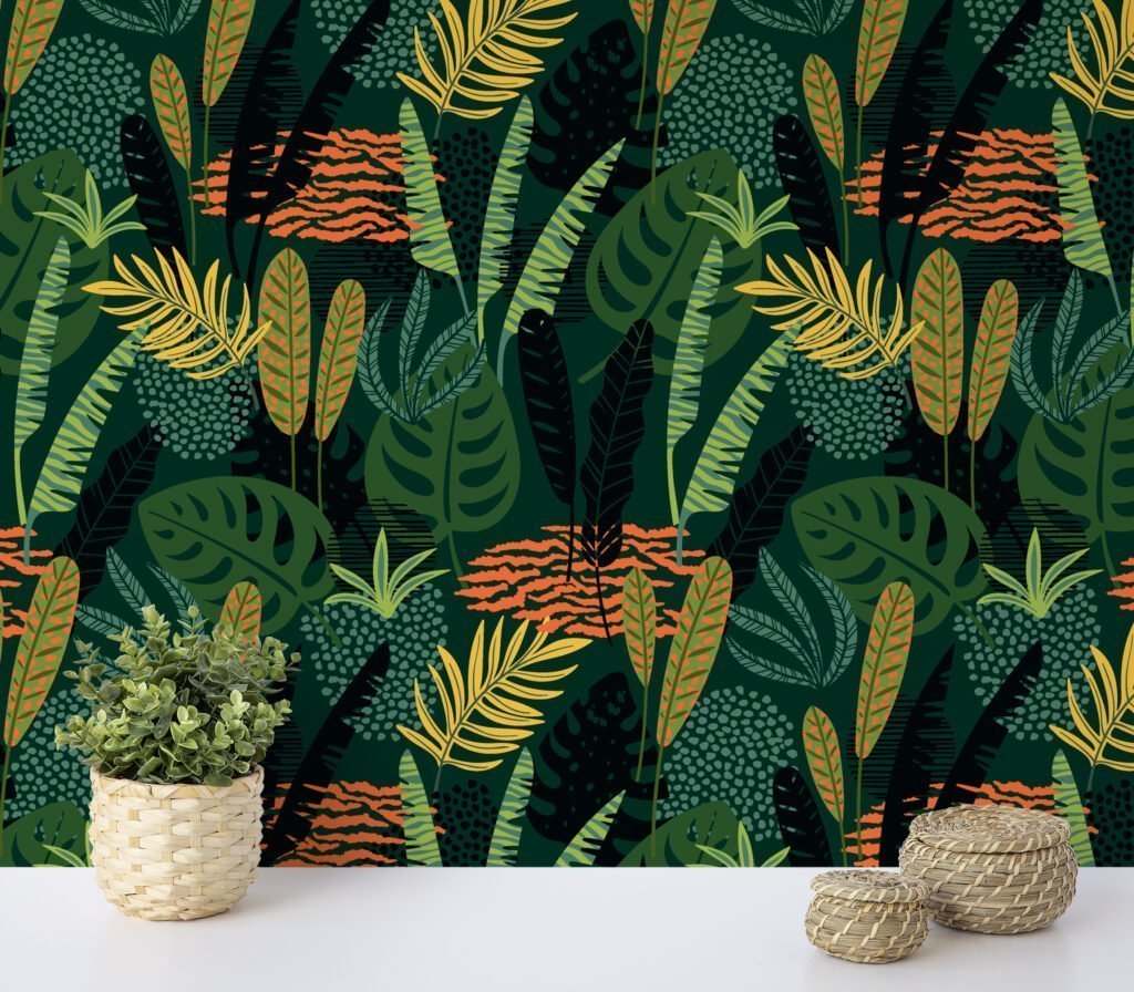Yeşil Düz Soyut Yapraklar Duvar Kağıdı, Canlı Botanik Desenler Duvar Kağıdı Tropikal Duvar Kağıtları 3