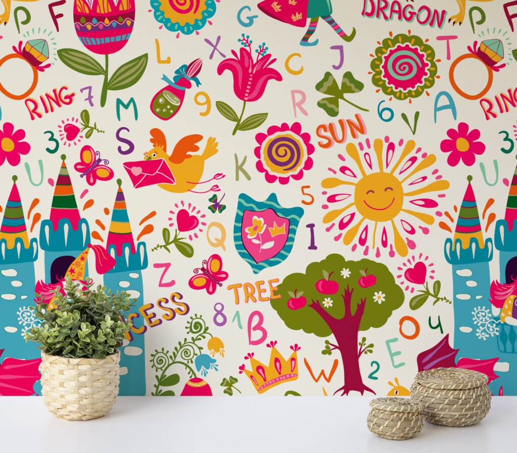 Renkli Çocuk Prenses Ejderha Çiçek Duvar Kağıdı, Masalsı Alfabe Çocuk Odası 3D Duvar Posteri Bebek Odası Duvar Kağıtları 4