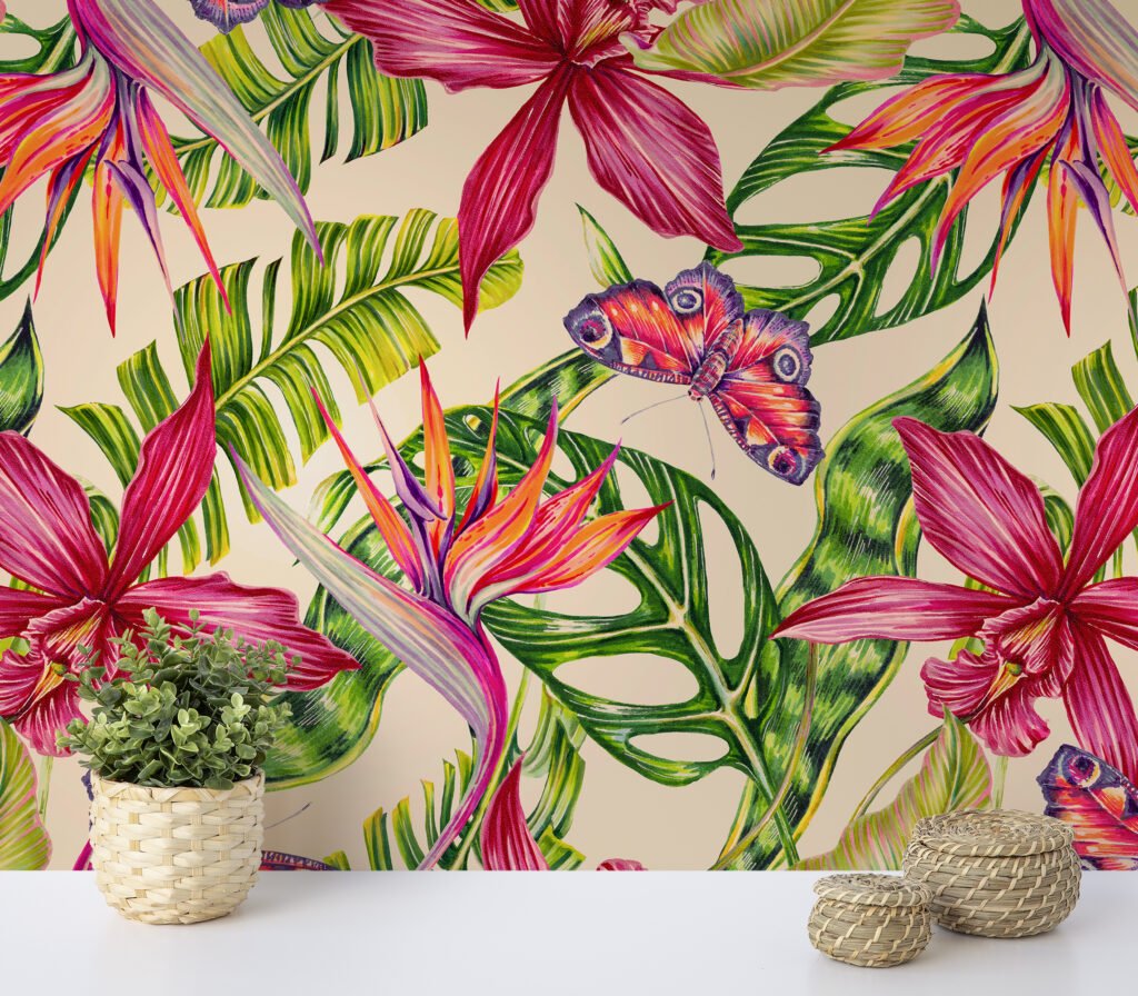 Tropikal Renkli Çiçekler ve Kelebekler Duvar Kağıdı, Egzotik Botanik Tropikal 3D Duvar Posteri Çiçekli Duvar Kağıtları 3