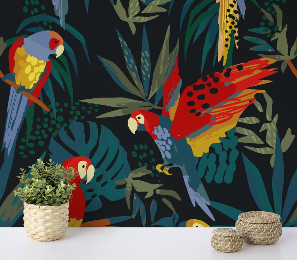 Karanlık Ormanda Papağanlar Duvar Kağıdı, Canlı Papağan Cenneti 3D Duvar Posteri Hayvan Motifli Duvar Kağıtları 3