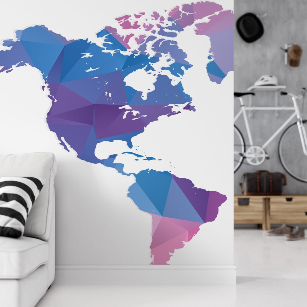 Pembe Mavi Mor Renkli Geometrik Şekilli Dünya Haritası Duvar Kağıdı, Modern Soyut Harita 3D Duvar Posteri Geometrik Duvar Kağıtları 2