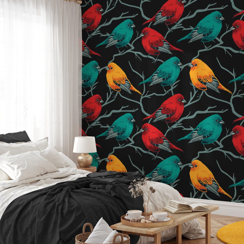 Retro Kuş Desenli Duvar Kağıdı, Siyah Zemin Üzerinde Şarkı Kuşları Duvar Posteri Hayvan Motifli Duvar Kağıtları 6
