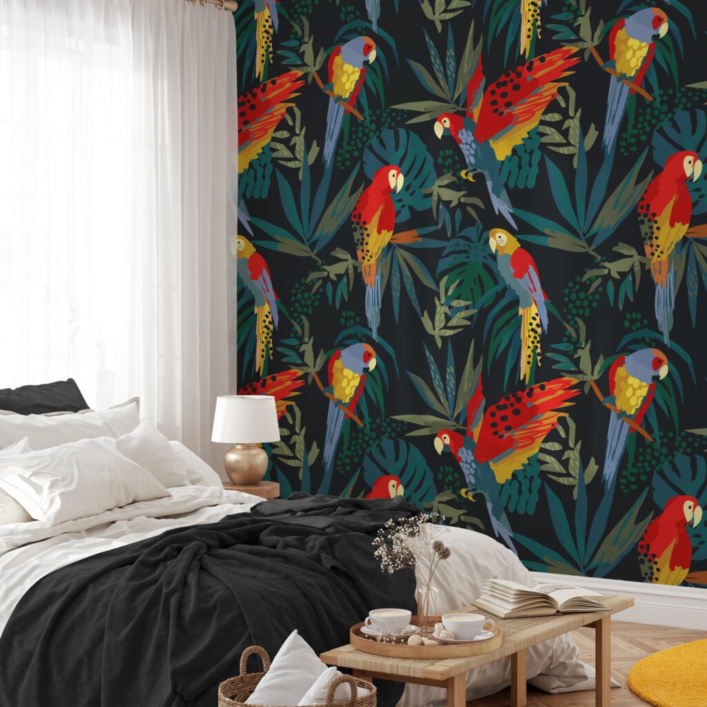 Karanlık Ormanda Papağanlar Duvar Kağıdı, Canlı Papağan Cenneti 3D Duvar Posteri Hayvan Motifli Duvar Kağıtları 2