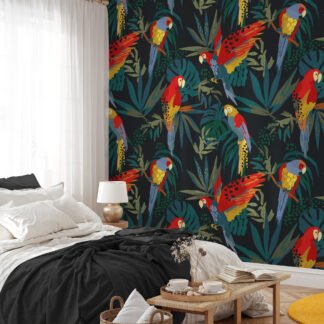 Karanlık Ormanda Papağanlar Duvar Kağıdı, Canlı Papağan Cenneti 3D Duvar Posteri Hayvan Motifli Duvar Kağıtları