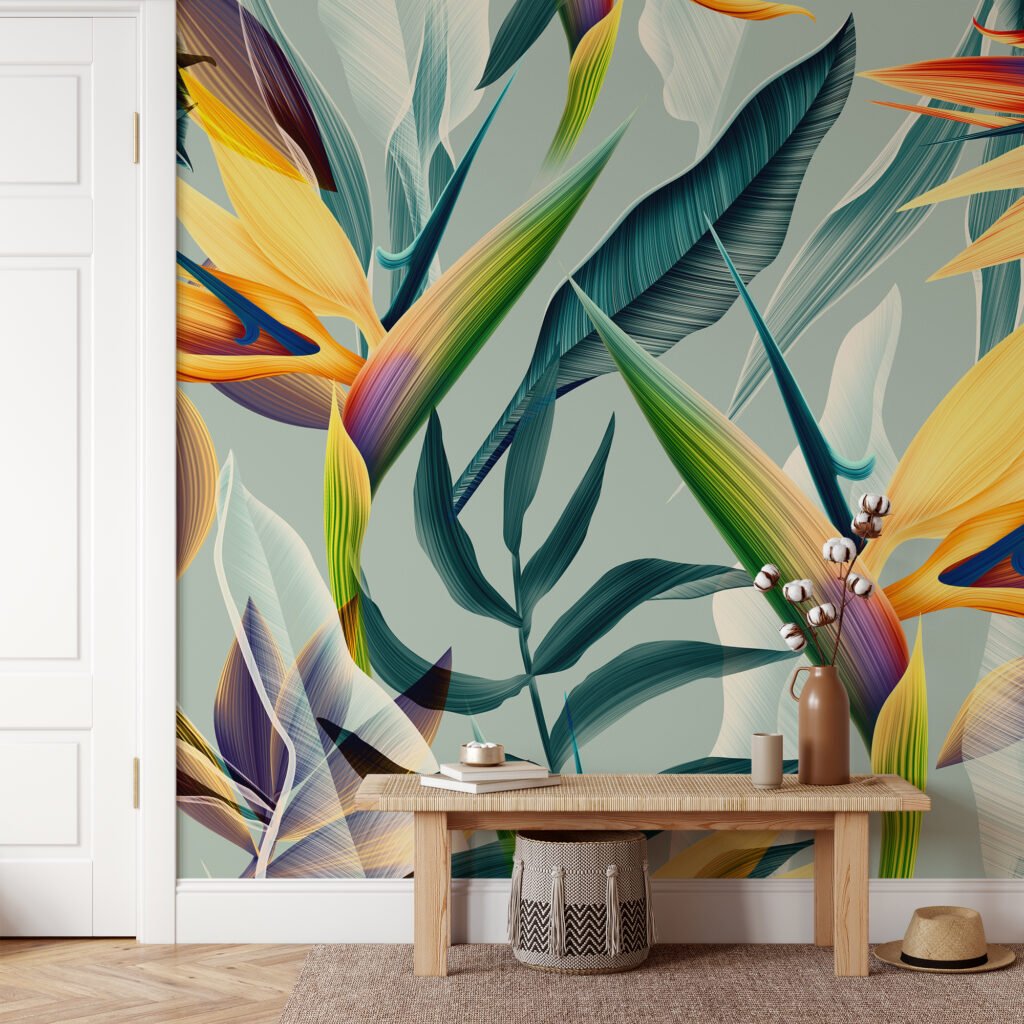 Tropik Nane Renkli Cennet Kuşları Çiçekleri Duvar Kağıdı, Abstract Tropik Yaprak Desenli Duvar Posteri Çiçekli Duvar Kağıtları 4