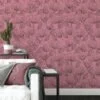 Pembe Arka Planlı Çiçekli Line Art Duvar Kağıdı, Şık Çiçek Tasarımı Duvar Kağıdı - Görsel 5