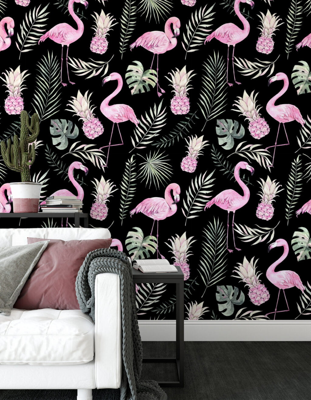 Sulu Boya Pembe Flamingolar Tropikal Yapraklar Duvar Kağıdı, Zarif Tropikal 3D Duvar Posteri Hayvan Motifli Duvar Kağıtları 5