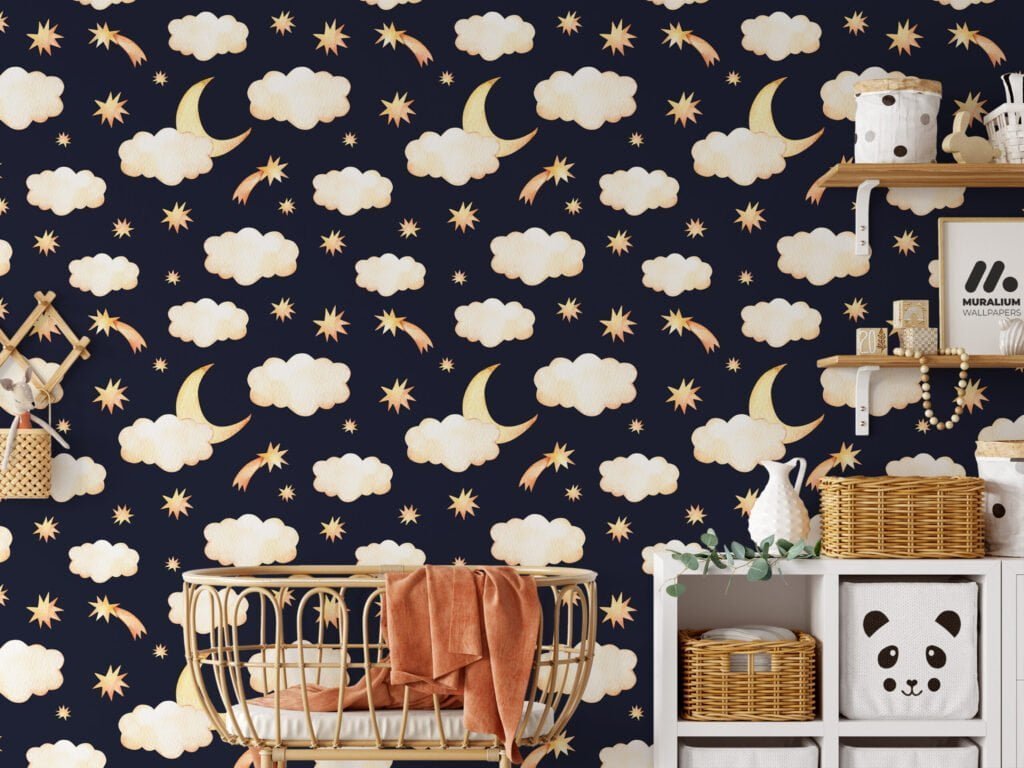 Sulu Boya Ay Gece Bulutları ve Yıldızlar Duvar Kağıdı, Gece Gökyüzü 3D Duvar Posteri Bebek Odası Duvar Kağıtları 5