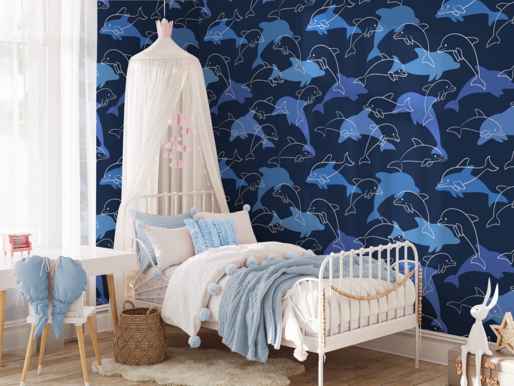 Mavi Yunuslar Desenli Duvar Kağıdı, Sakin Mavi Okyanus Çocuk Odası Duvar Posteri Çocuk Odası Duvar Kağıtları 6