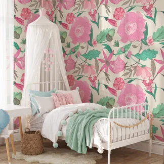 Pembe Çiçekli Paisley Tarzı Duvar Kağıdı, Pembe ve Yeşil Çiçek Desenli 3D Duvar Posteri Çiçekli Duvar Kağıtları