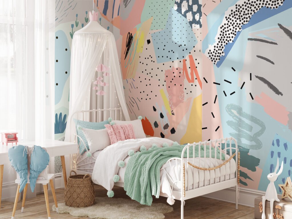 Soyut Fırça Lekeleri ve Pastel Renklerle Şekiller Duvar Kağıdı Bebek Odası Duvar Kağıtları 6
