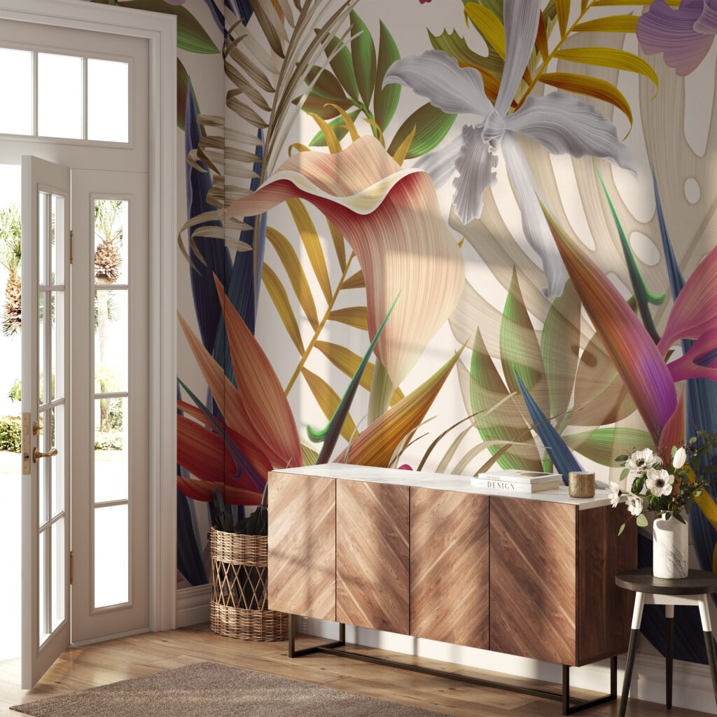 Renkli Tropik Çiçekler ve Cennet Kuşları Duvar Kağıdı, Çağdaş Doğa Esintili 3D Duvar Posteri Çiçekli Duvar Kağıtları 6