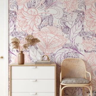Çiçekli Damask Line Art Duvar Kağıdı, Zarif Çiçek Duvar Kağıdı Line Art Duvar Kağıdı