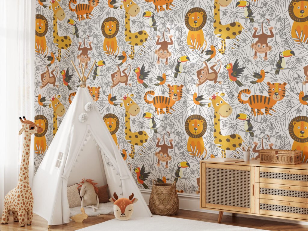 Hayvanlarla Tropikal Duvar Kağıdı, Orman Safari Çocuk Odası 3D Duvar Posteri Bebek Odası Duvar Kağıtları 4
