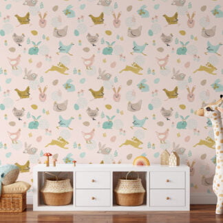 Sevimli Flat Art Paskalya Tavşanları ve Civcivler Yumurta Duvar Kağıdı, Soft Pembe Çocuk Odası Duvar Posteri Bebek Odası Duvar Kağıtları