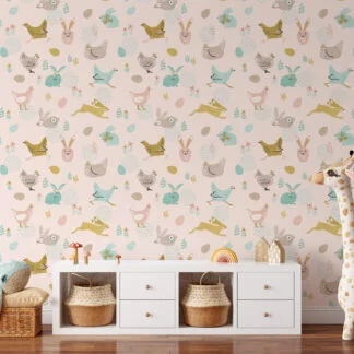 Sevimli Flat Art Paskalya Tavşanları ve Civcivler Yumurta Duvar Kağıdı, Soft Pembe Çocuk Odası Duvar Posteri Bebek Odası Duvar Kağıtları