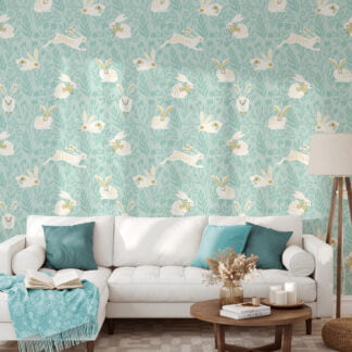 Sevimli Flat Art Paskalya Tavşanları Duvar Kağıdı, Soft Yabani Çiçek Duvar Posteri Bebek Odası Duvar Kağıtları
