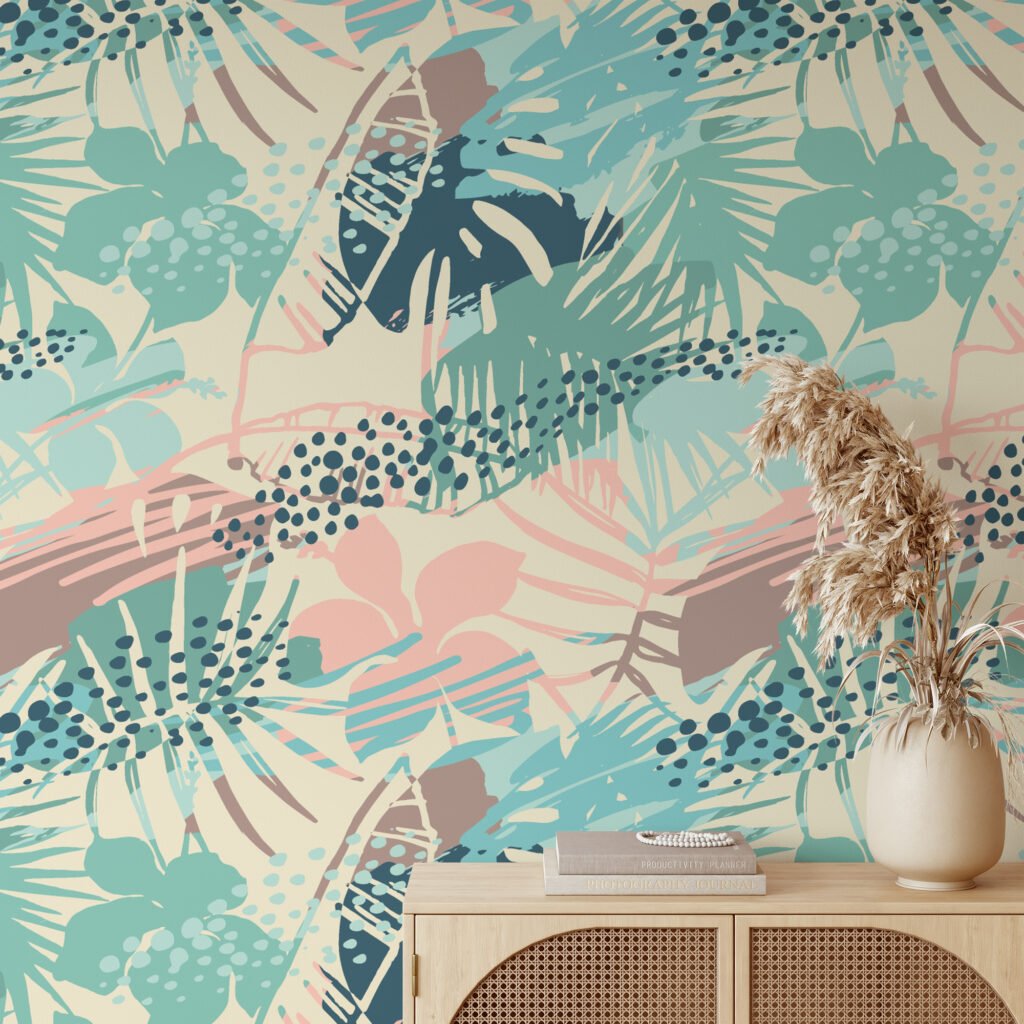 Yaz Esintileri Retro Renkli Tropikal Duvar Kağıdı, Soft Pastel 3D Duvar Posteri Tropikal Duvar Kağıtları 2