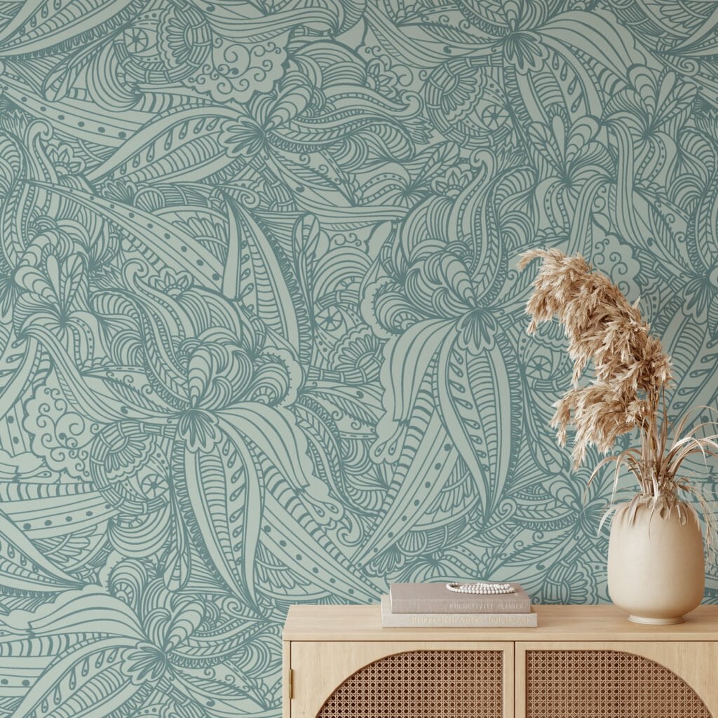 Mint Arka Planlı Damask Line Art Duvar Kağıdı, Zarif Pastel Duvar Kağıdı Line Art Duvar Kağıdı 3