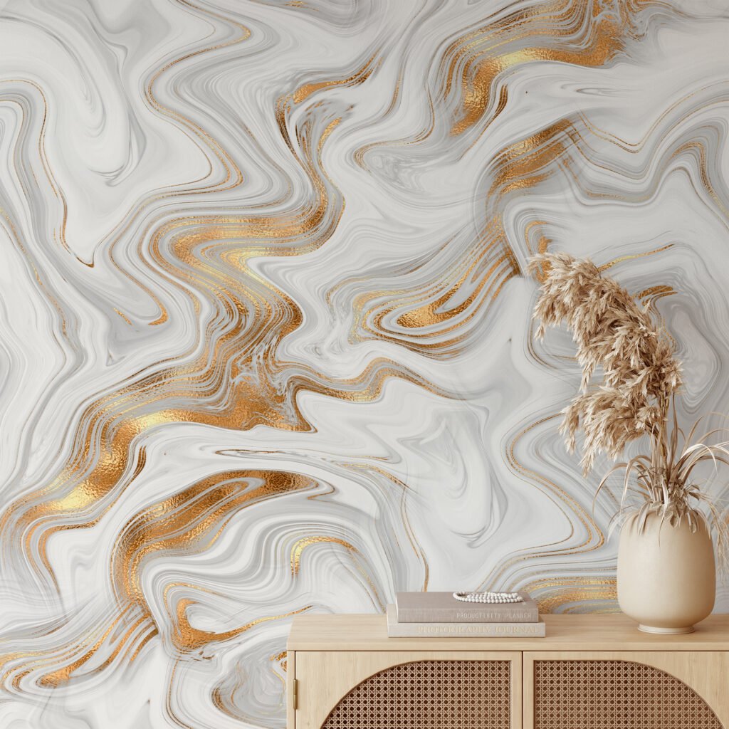 Soyut Beyaz ve Altın Spiral Duvar Kağıdı, Lüks Mermer 3D Duvar Posteri Mürekkep Sanatı Duvar Kağıtları 4