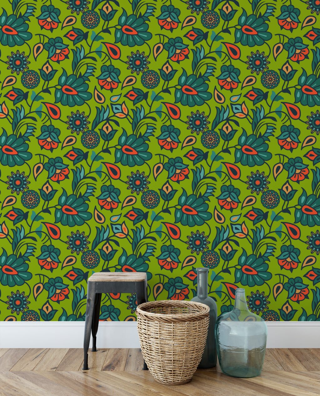 Flat Art Yeşil Çiçek Duvar Kağıdı, Canlı Retro Bahçe 3D Duvar Posteri Çiçekli Duvar Kağıtları 2