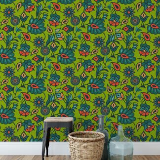 Flat Art Yeşil Çiçek Duvar Kağıdı, Canlı Retro Bahçe 3D Duvar Posteri Çiçekli Duvar Kağıtları