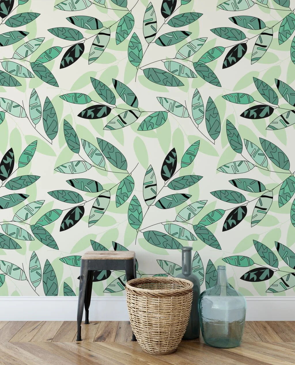 Soyut Yeşil Yapraklar Duvar Kağıdı, Taze Yeşil Botanik Tasarım 3D Duvar Posteri Yaprak Desenli Duvar Kağıtları 6