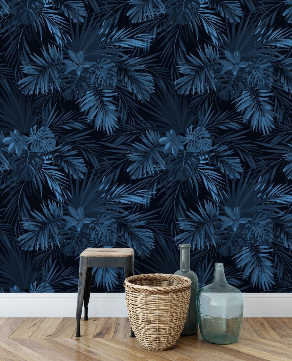 Gece Mavisi Tropikal Yapraklar Duvar Kağıdı, Lüks Koyu Yaprak Desenli 3D Duvar Posteri Yaprak Desenli Duvar Kağıtları 5