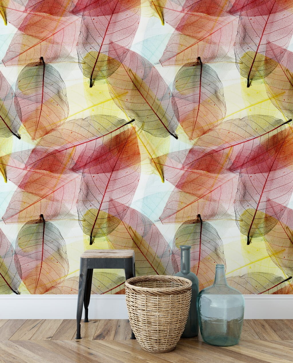 Büyük Renkli Yapraklar Duvar Kağıdı, Saydam Sonbahar Yapraklı 3D Duvar Posteri Yaprak Desenli Duvar Kağıtları 5