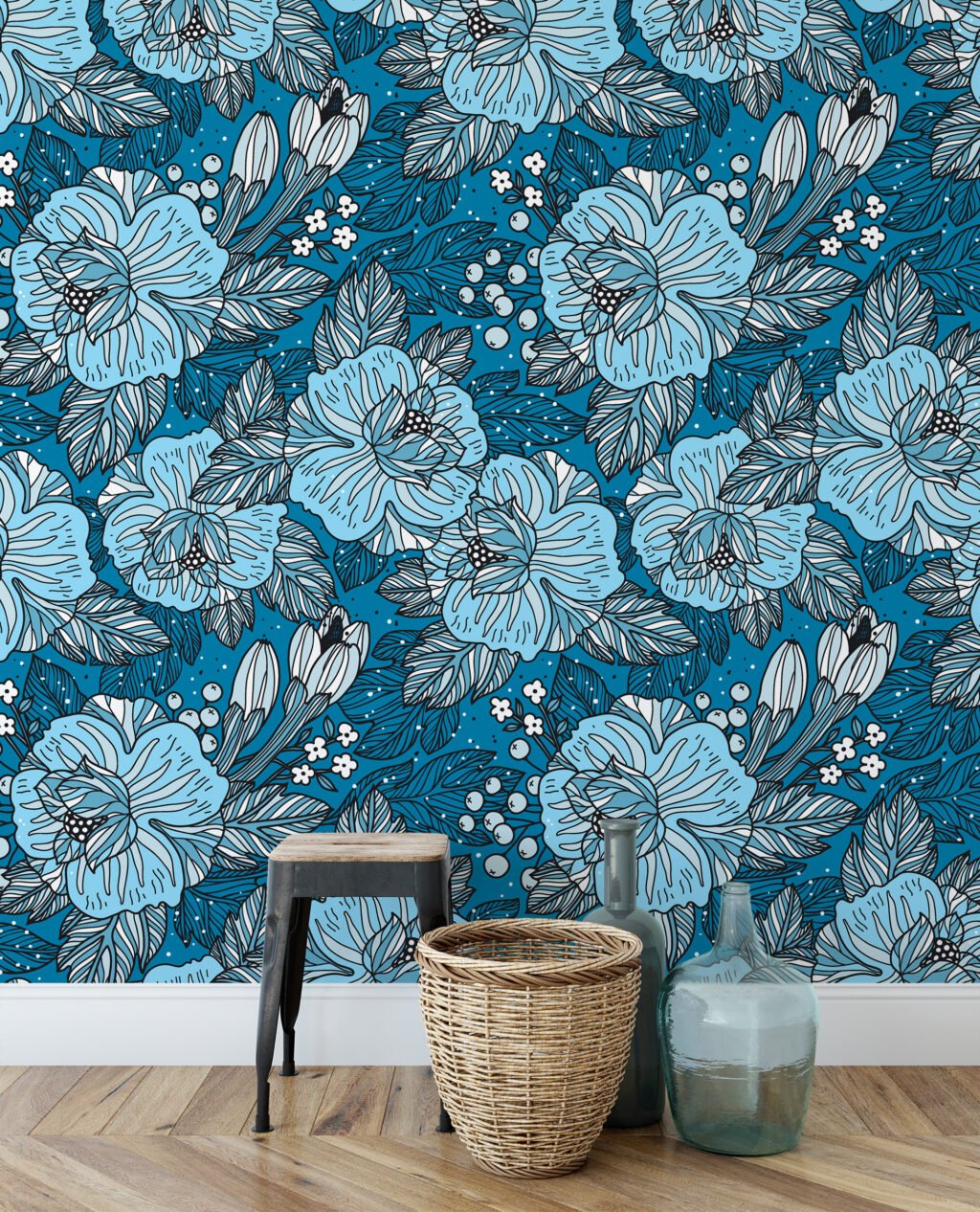 Mavi Renkli Çerçeveli Çiçek Desenli Duvar Kağıdı, Mavi Çiçek Tasarımı 3D Duvar Posteri Çiçekli Duvar Kağıtları 5