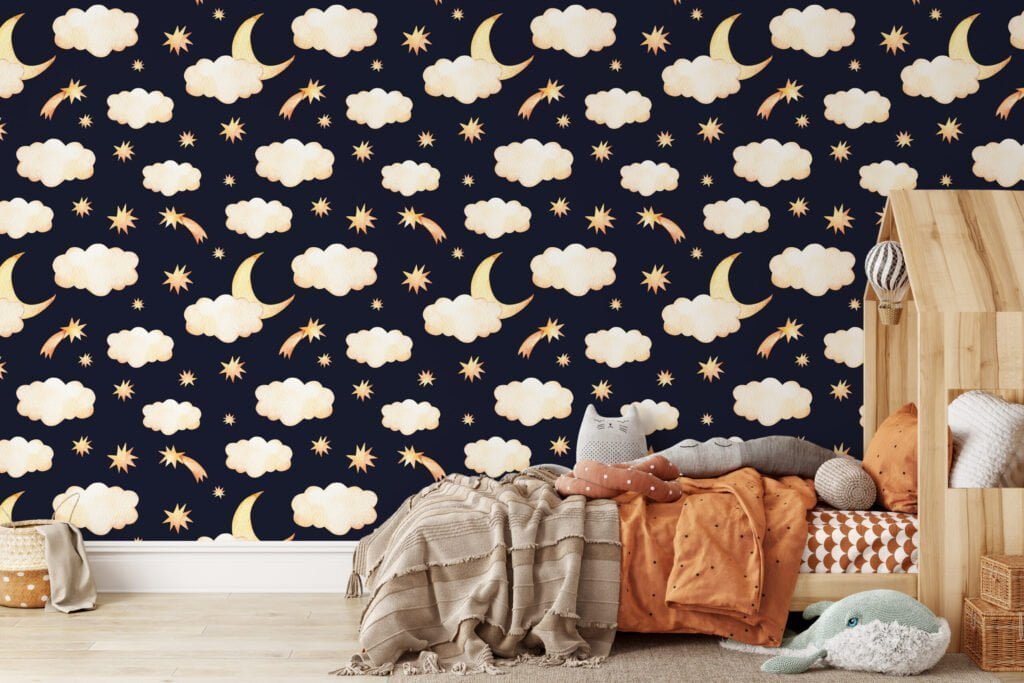 Sulu Boya Ay Gece Bulutları ve Yıldızlar Duvar Kağıdı, Gece Gökyüzü 3D Duvar Posteri Bebek Odası Duvar Kağıtları 2