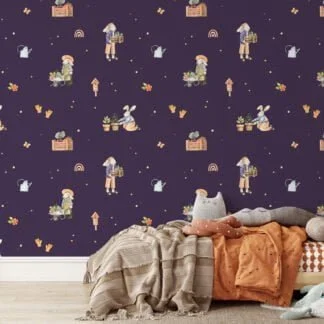 Çiftçi Tavşanlar Mor Arka Plan Duvar Kağıdı, Büyülü Bahçe Arkadaşları 3D Duvar Posteri Bebek Odası Duvar Kağıtları