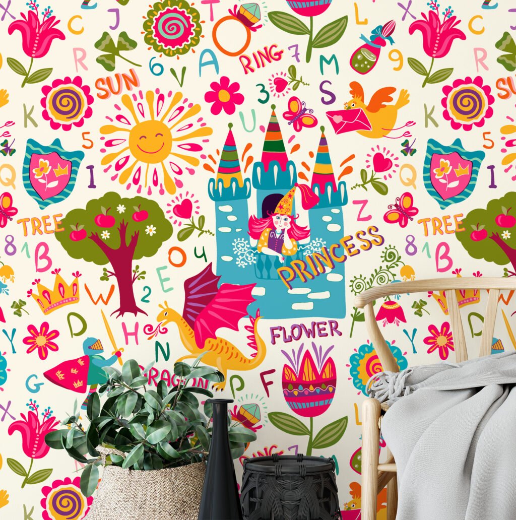 Renkli Çocuk Prenses Ejderha Çiçek Duvar Kağıdı, Masalsı Alfabe Çocuk Odası 3D Duvar Posteri Bebek Odası Duvar Kağıtları 5