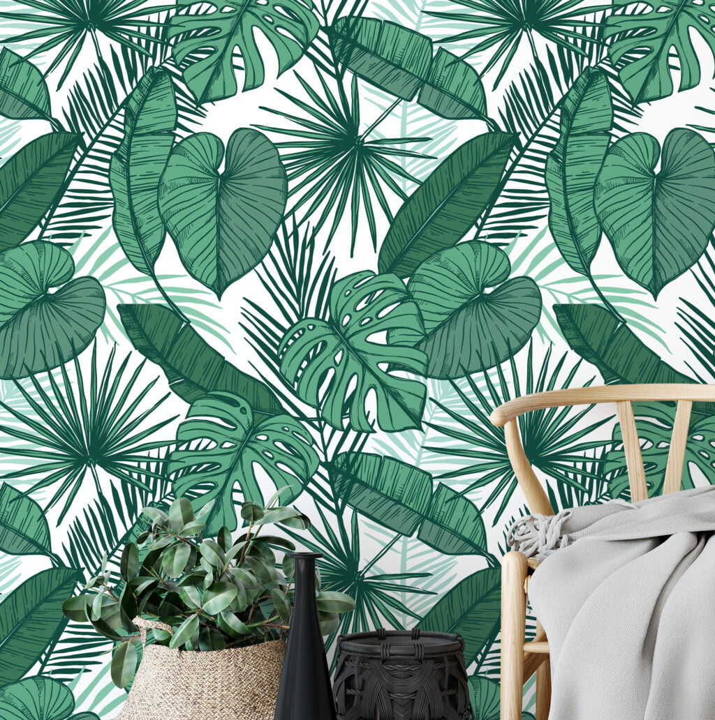 Yeşil Tropikal Yapraklar Duvar Kağıdı, Doğa Temalı 3D Duvar Posteri Tropikal Duvar Kağıtları 2