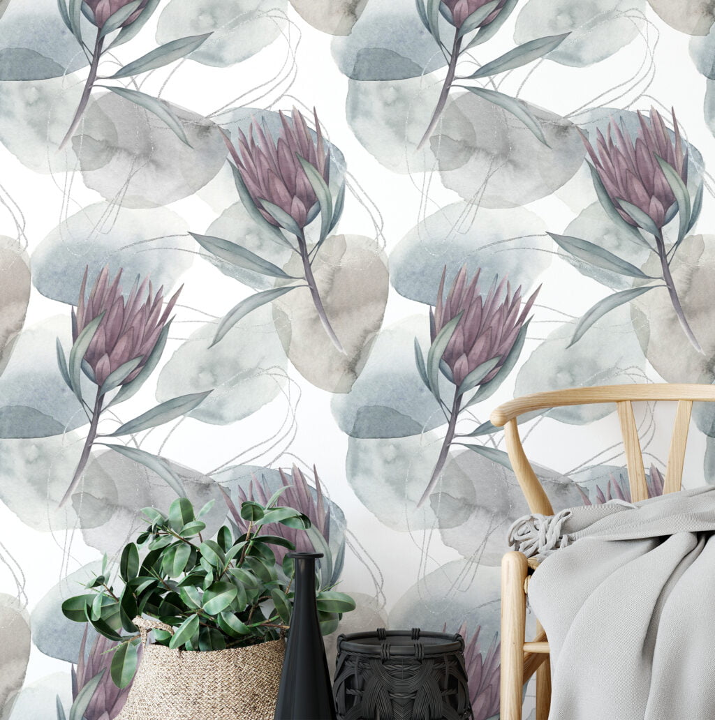 Sulu Boya Tarzı Çiçek Duvar Kağıdı, Huzurlu Protea Çiçekleri 3D Duvar Posteri Çiçekli Duvar Kağıtları 5