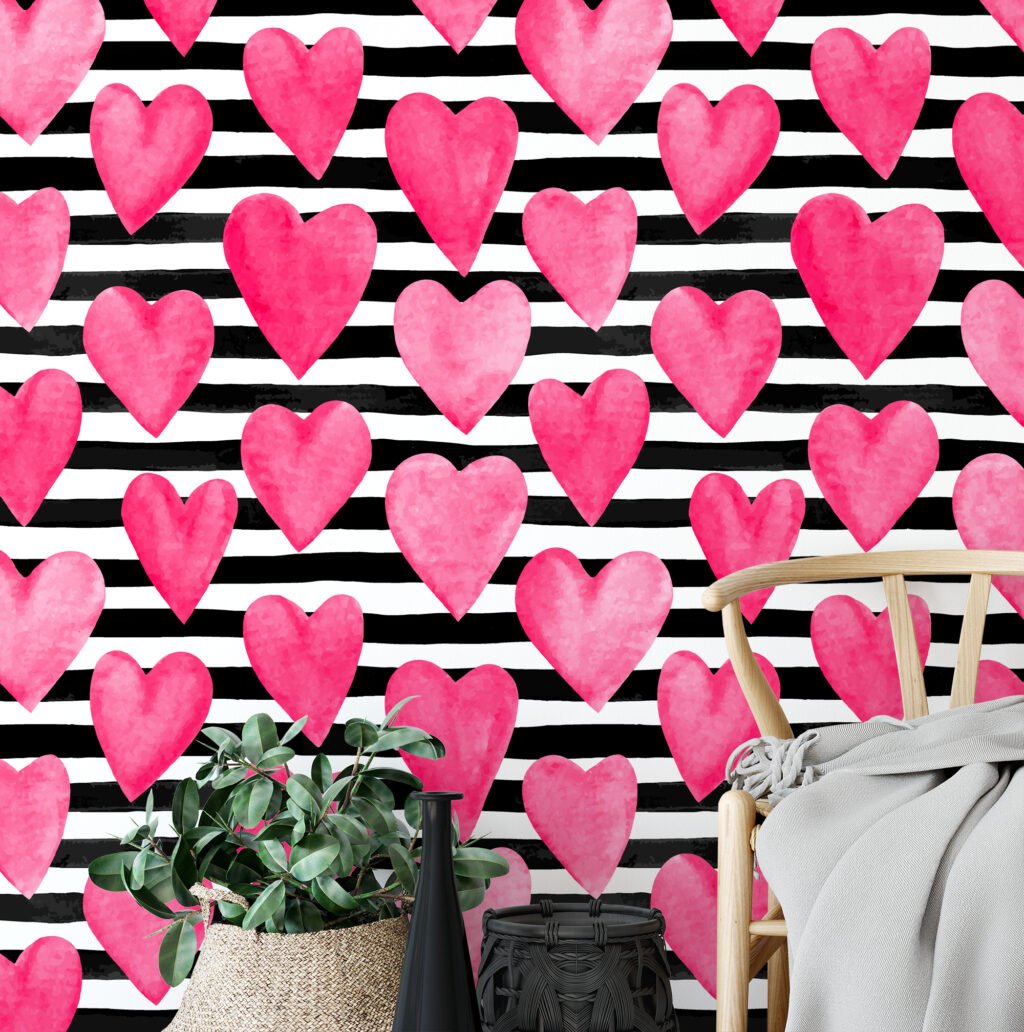 Sulu Boya Tarzı Pembe Kalpler Çizgi Desenli Duvar Kağıdı, Pembe Kalpler 3D Duvar Posteri Çocuk Odası Duvar Kağıtları 2
