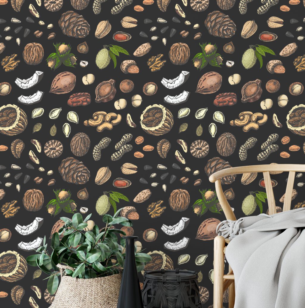 Fındık ve Tohumlar El Çizimi Duvar Kağıdı, Rustik Mutfak Şıklığı 3D Duvar Posteri Yiyecek & İçecek Duvar Kağıtları 5