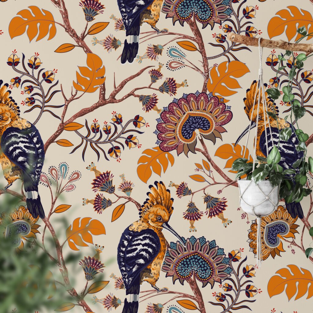 Egzotik Kuşlarla Paisley Çiçek Tasarımı Duvar Kağıdı, Vintage Esintili Ev Dekoru Duvar Posteri Çiçekli Duvar Kağıtları 5