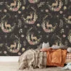 Geyikler Vintage Çiçek Deseni Duvar Kağıdı, Sihirli Orman 3D Duvar Posteri - Görsel 3