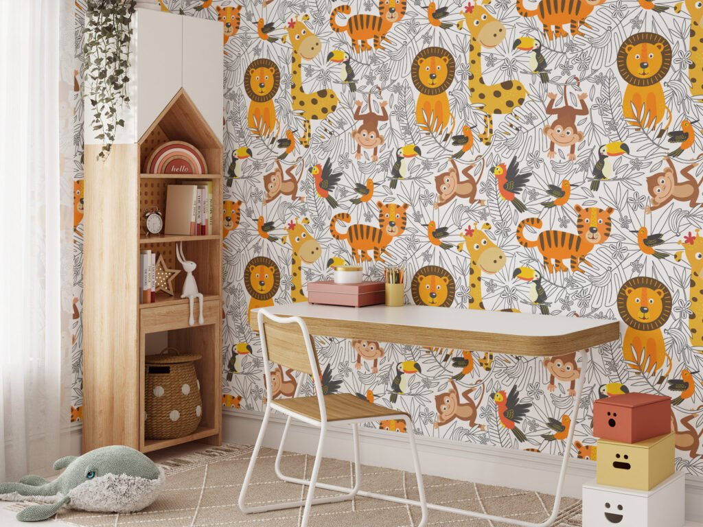 Hayvanlarla Tropikal Duvar Kağıdı, Orman Safari Çocuk Odası 3D Duvar Posteri Bebek Odası Duvar Kağıtları 3