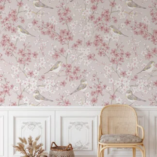 Pastel Pembe Çiçek Kuş Desenli Duvar Kağıdı, Kiraz Çiçekleri ve Kuşlar Duvar Posteri Bebek Odası Duvar Kağıtları