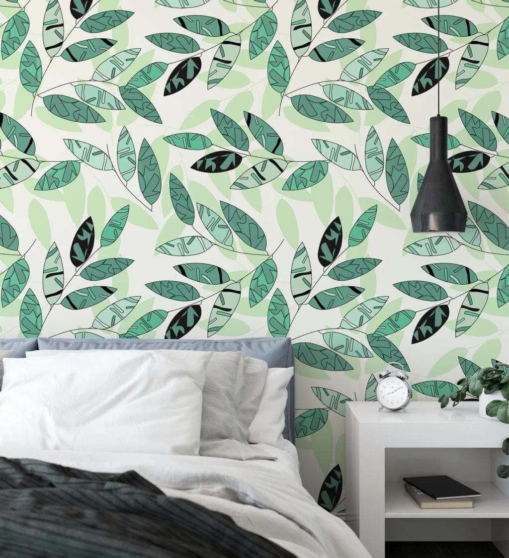 Soyut Yeşil Yapraklar Duvar Kağıdı, Taze Yeşil Botanik Tasarım 3D Duvar Posteri Yaprak Desenli Duvar Kağıtları 5