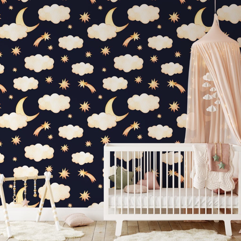 Sulu Boya Ay Gece Bulutları ve Yıldızlar Duvar Kağıdı, Gece Gökyüzü 3D Duvar Posteri Bebek Odası Duvar Kağıtları 6