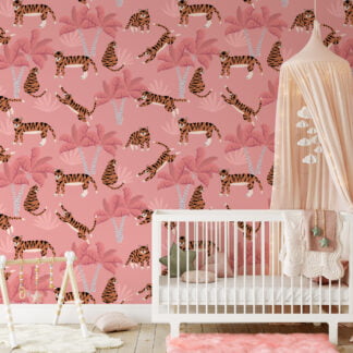 Flat Art Pembe Tropikal Ağaçlar ve Kaplanlar Duvar Kağıdı, Tropikal 3D Duvar Posteri Çocuk Odası Duvar Kağıtları
