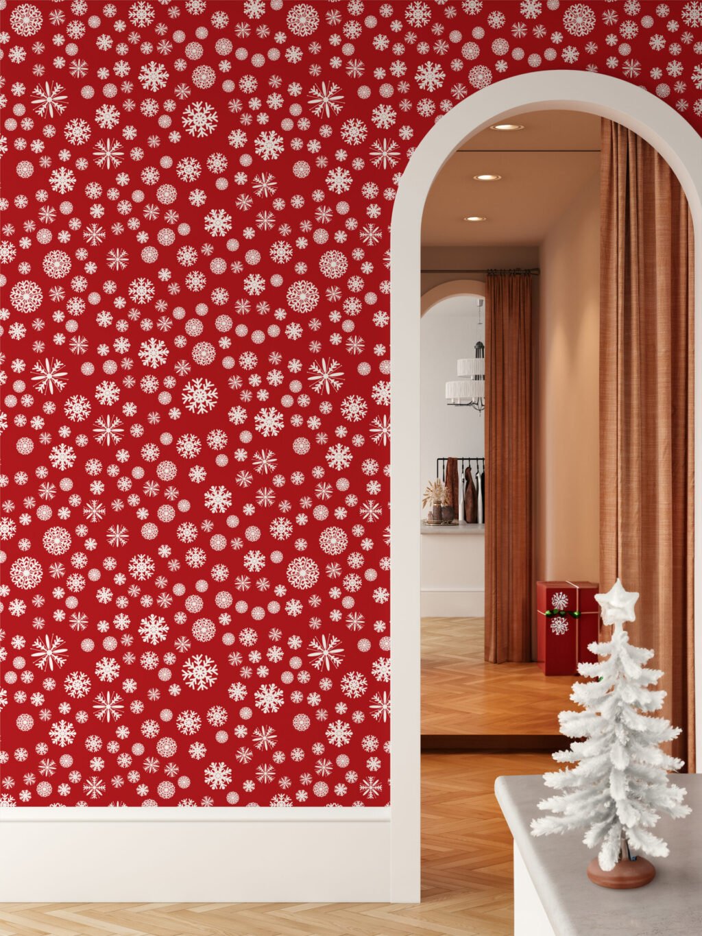 Kırmızı Zemin Üzerinde Beyaz Kar Taneleri İllüstrasyonlu Duvar Kağıdı, Neşeli Noel Temalı Duvar Posteri Çocuk Odası Duvar Kağıtları 6