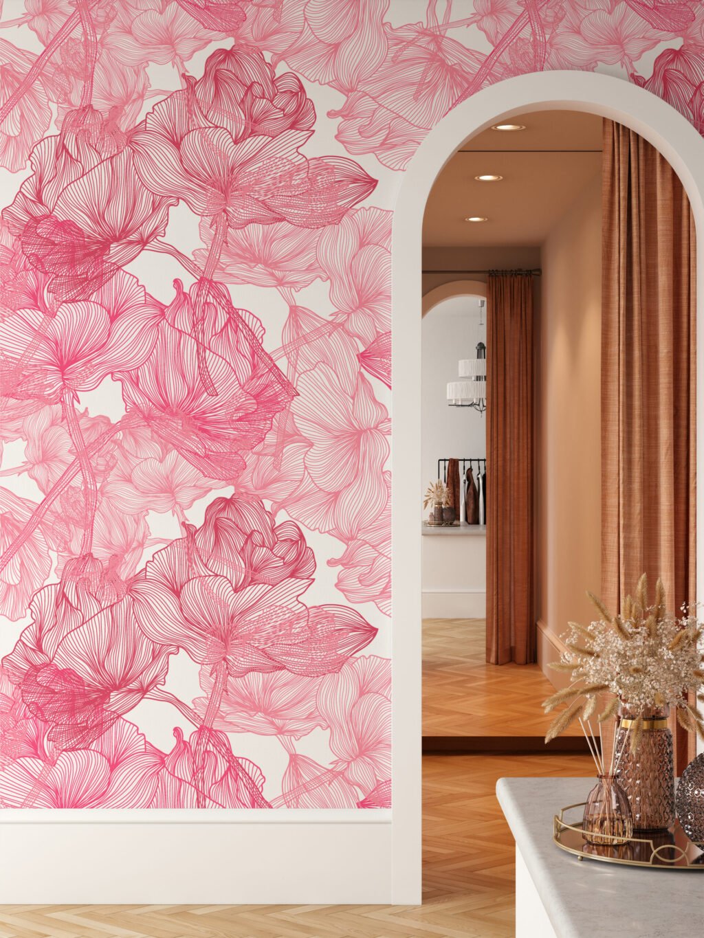 Büyük Pembe Gül Desenli Line Art Duvar Kağıdı, Zarif Botanik 3D Duvar Posteri Çiçekli Duvar Kağıtları 3