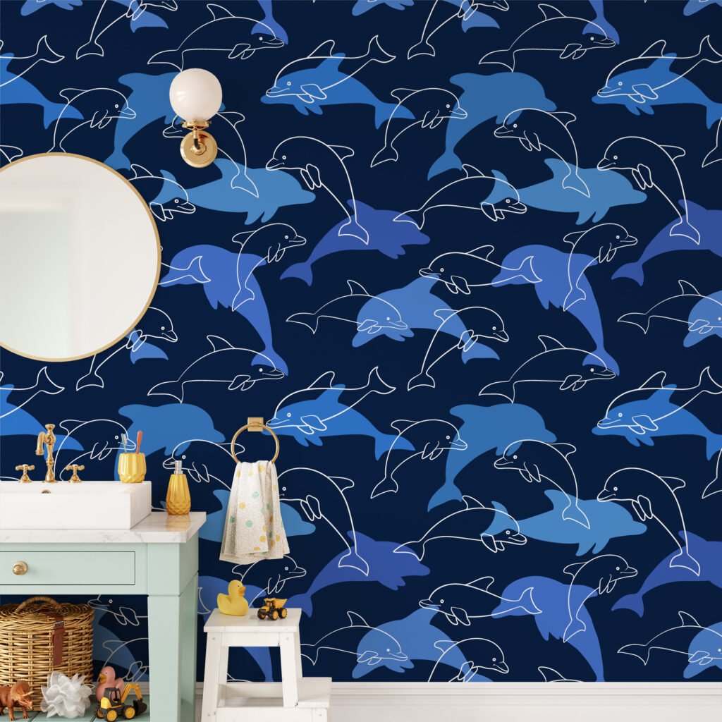 Mavi Yunuslar Desenli Duvar Kağıdı, Sakin Mavi Okyanus Çocuk Odası Duvar Posteri Çocuk Odası Duvar Kağıtları 5