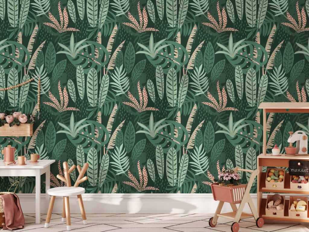 Tropikal Yeşil Flat Art Yapraklar Duvar Kağıdı, Doğa Temalı Tropikal 3D Duvar Posteri Tropikal Duvar Kağıtları 3
