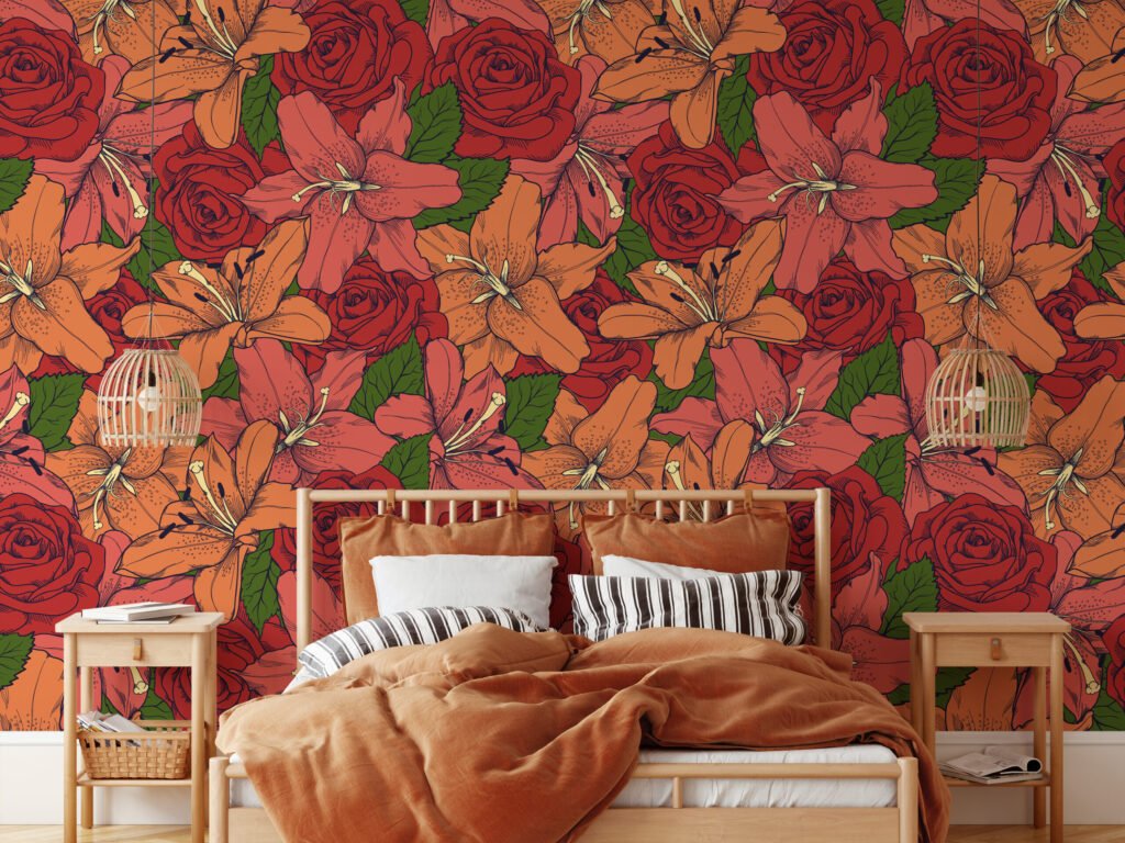 Renkli Retro Çizgili Kırmızı Güller ve Çiçekler Duvar Kağıdı, Canlı Gül ve Zambak Çiçeği Duvar Posteri Çiçekli Duvar Kağıtları 3